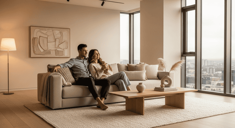 Young couple relaxing in modern Dubai luxury apartment with minimalist interiors