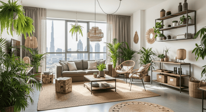Eco-friendly Dubai apartment with recycled furniture, natural textures, and sustainable minimalist design.