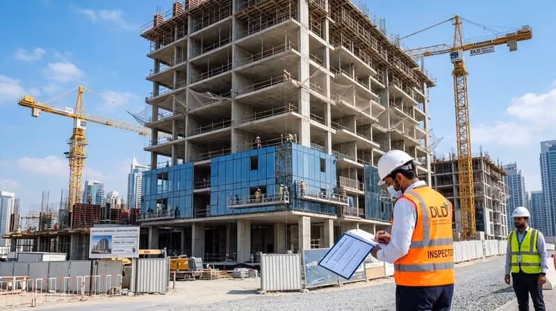 Dubai off-plan construction site Arjan showing building progress DLD inspection milestone verification escrow protection
