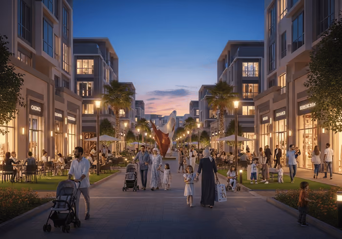 Evening community scene in Arjan Dubai with families shopping, cafés, and friendly neighborhood vibes