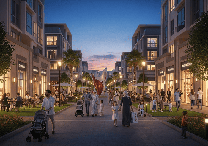 Evening community scene in Arjan Dubai with families shopping, cafés, and friendly neighborhood vibes