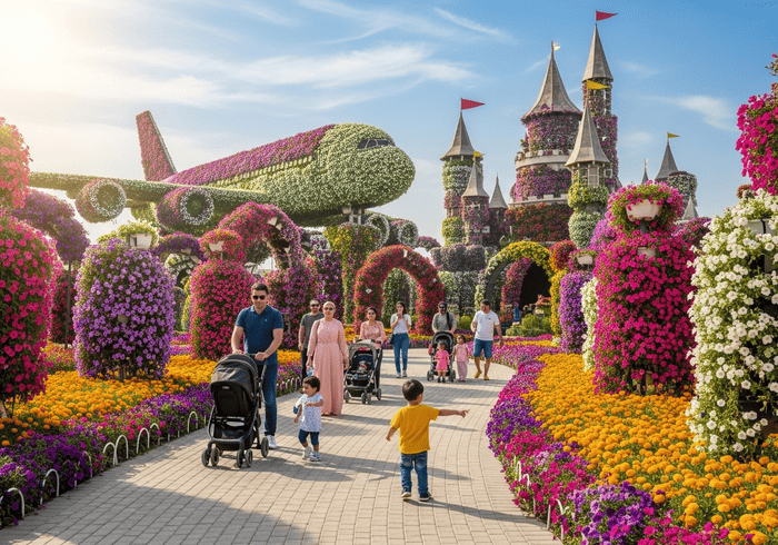 Families exploring Dubai Miracle Garden in Arjan with children enjoying colorful floral displays and green spaces