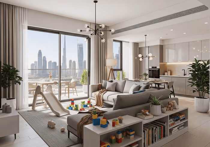 Spacious 2 BHK family-friendly apartment in Arjan Dubai with open-plan living and children's play area