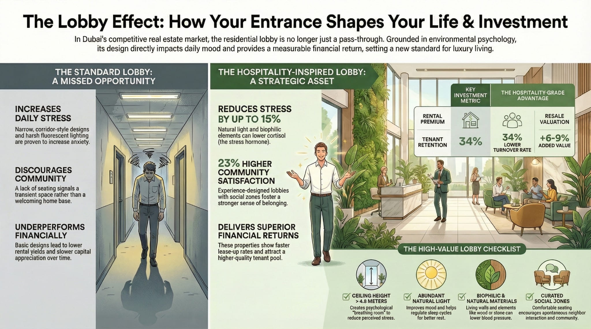 Comparison infographic showing standard vs hospitality-inspired lobby design impact on stress, satisfaction & ROI Dubai