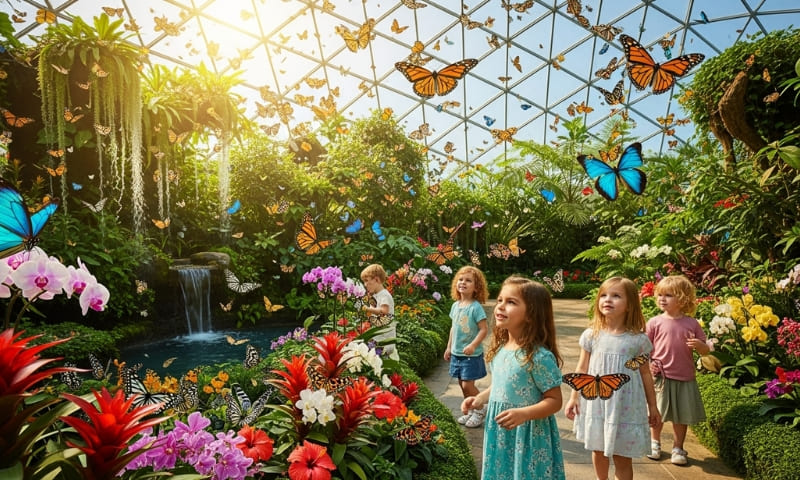 Dubai Butterfly Garden indoor dome with colorful butterflies children exploring near DLRC Dubailand attraction