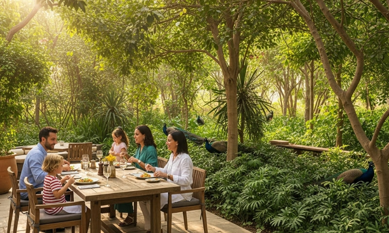 Outdoor dining at The Farm Al Barari Dubai with botanical garden setting family brunch organic food