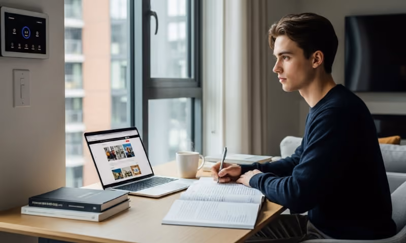 University student studying at home desk in modern Dubai apartment with smart home features