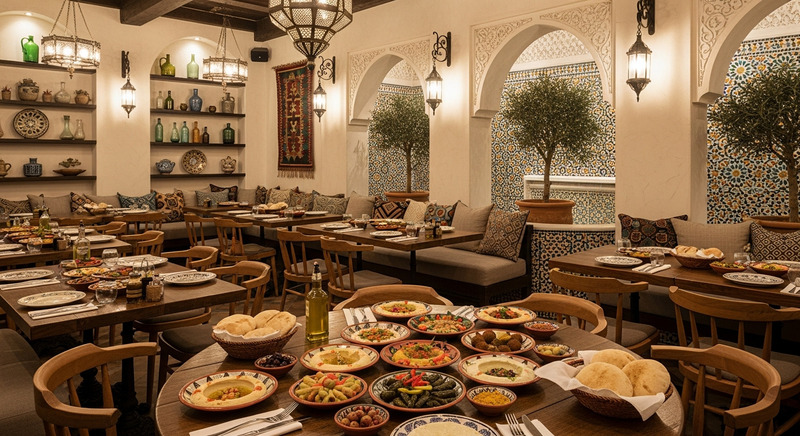 Cozy Mediterranean restaurant interior with mezze in Dubai