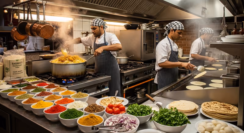 Indian eatery kitchen in Dubai serving biryani and curries