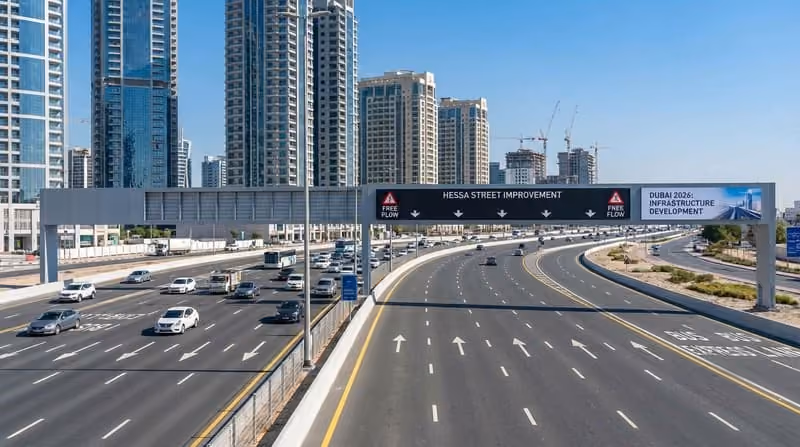 Hessa Street Dubai 2026 infrastructure upgrade multi-lane highway improved connectivity JVC Arjan Motor City access