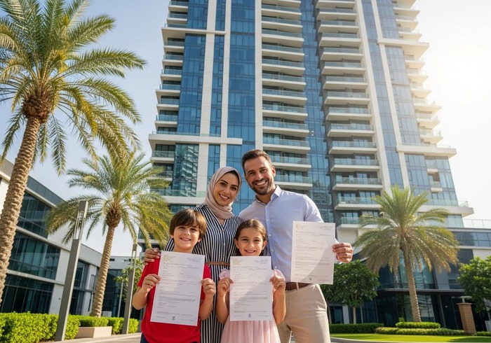 Expat family in front of modern Dubai apartment tower holding Golden Visa approval papers