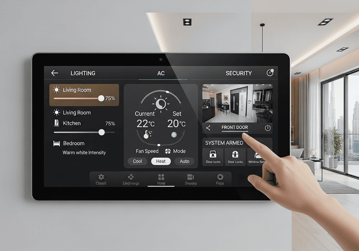 Smart home touchscreen panel in Dubai apartment controlling lights, AC, and security automation