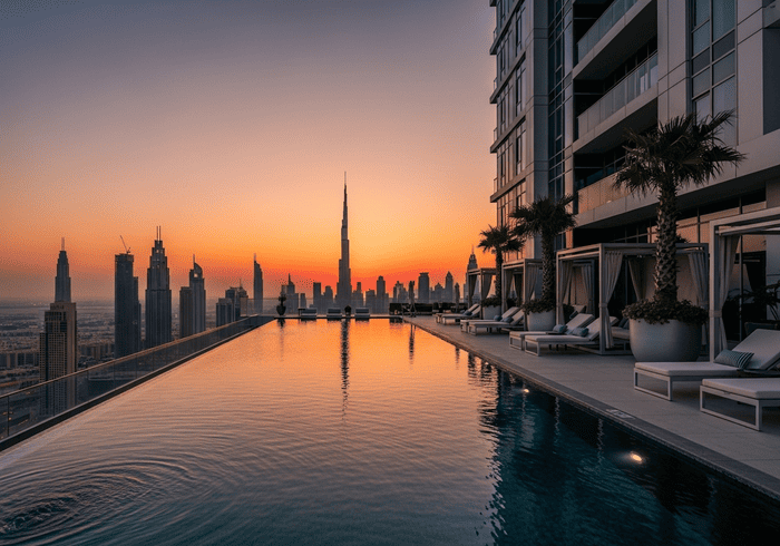 Rooftop infinity pool at Dubai luxury residential project with sunset skyline and premium lounge deck