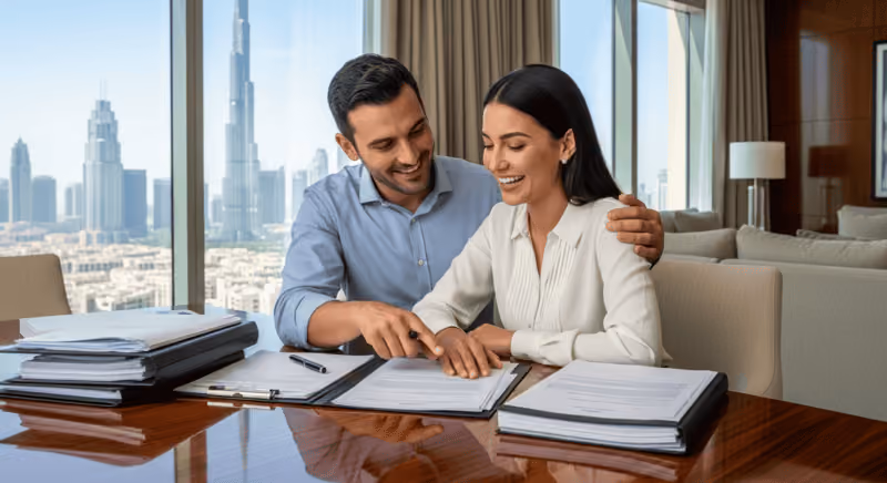 Homebuyers finalizing freehold property ownership in Dubai apartment.