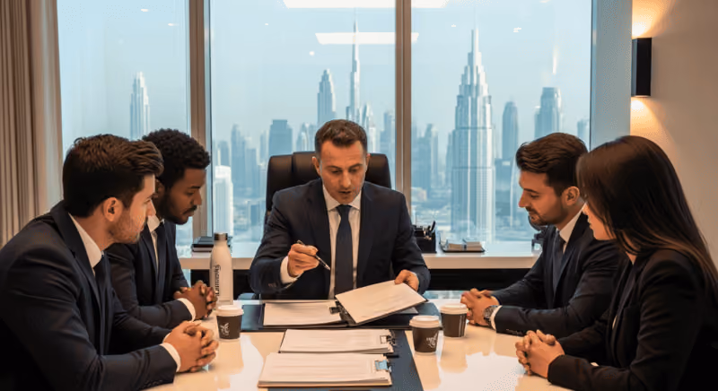 Legal consultant explaining usufruct property rights to Dubai investor.