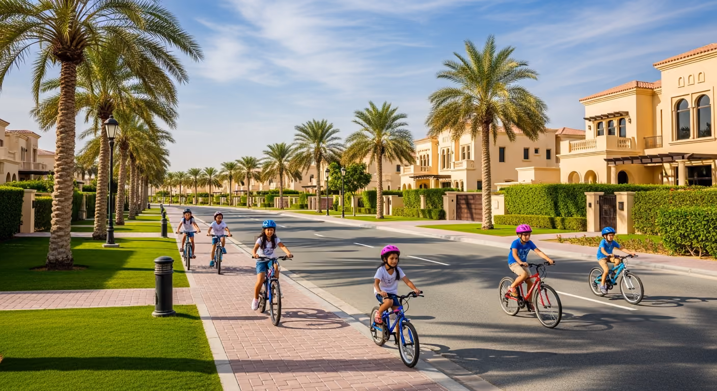 Suburban villa street in Arabian Ranches Dubai with palm trees
