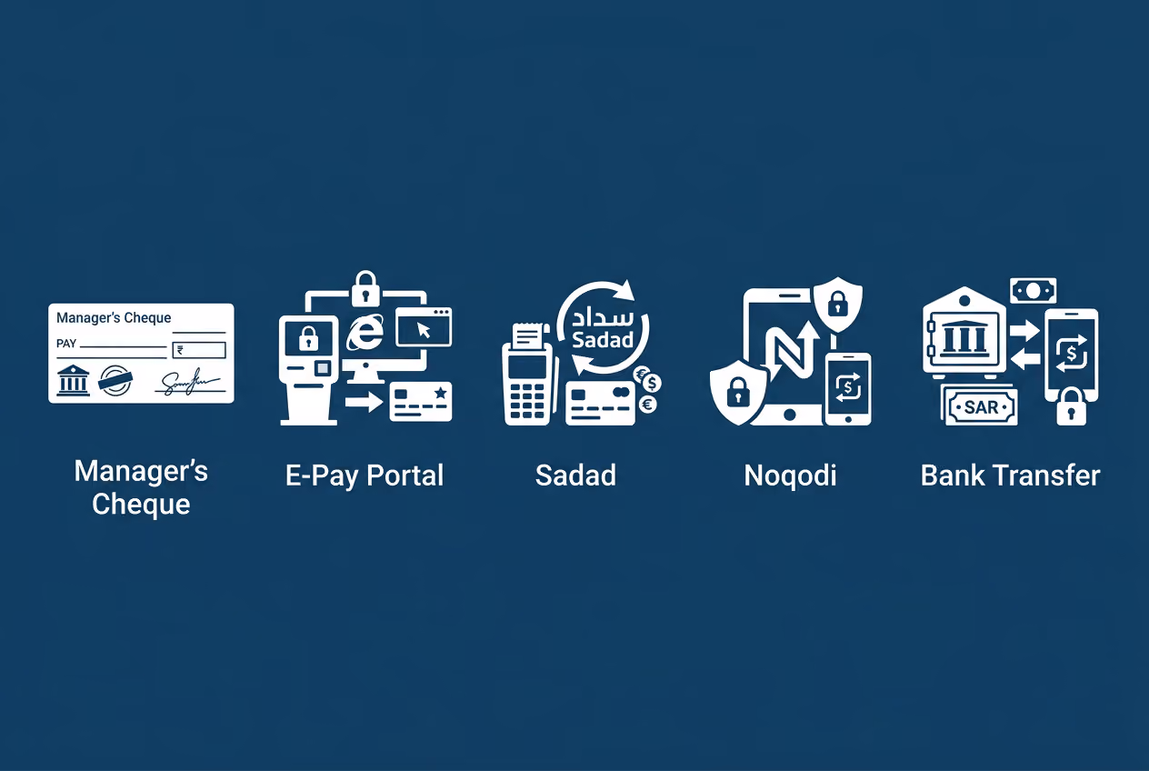 Infographic: ways to pay DLD fees in Dubai, including manager's cheque, e-pay portal, Sadad, Noqodi and bank transfer