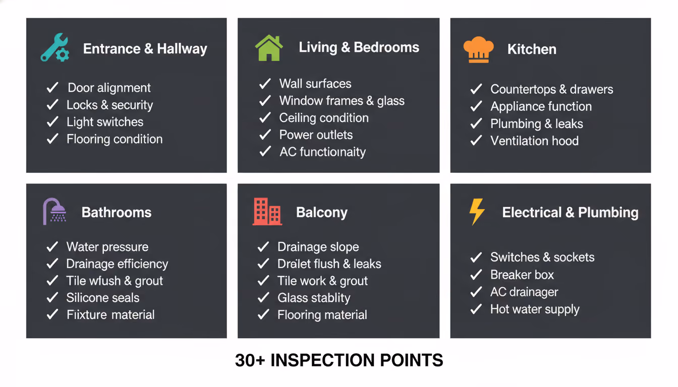 Infographic: the complete Dubai property snagging checklist for 2026, with 30+ inspection points grouped by entrance, living areas, kitchen, bathrooms, balcony and electrical