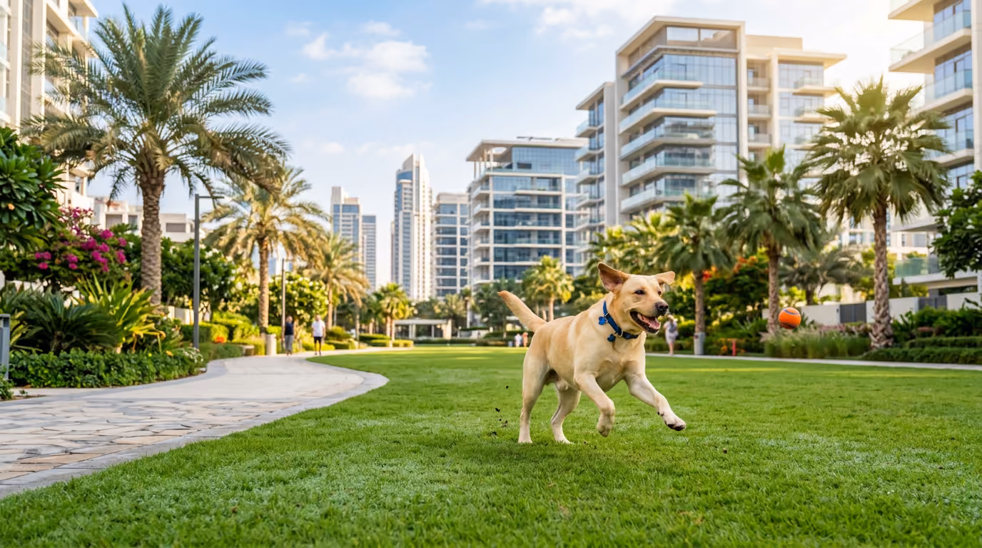 A dog running on a green lawn in a landscaped Arjan community park with palm trees and apartment buildings behind