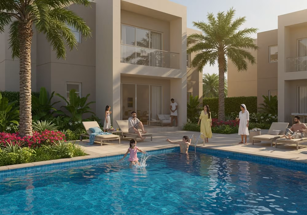 Family relaxing by villa pool in gated Dubai community