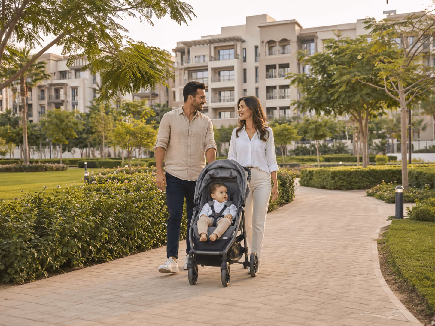Family walking in DLRC community park with green spaces and residential buildings in background