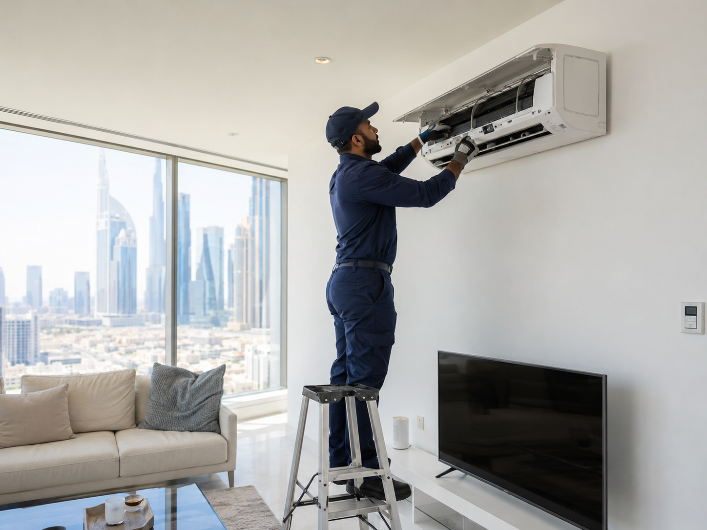 Maintenance technician servicing air conditioning unit in modern Dubai apartment