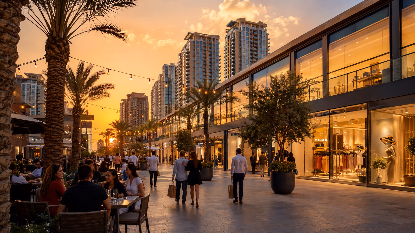 JVC Circle Mall retail area with outdoor dining and residential towers in background Dubai