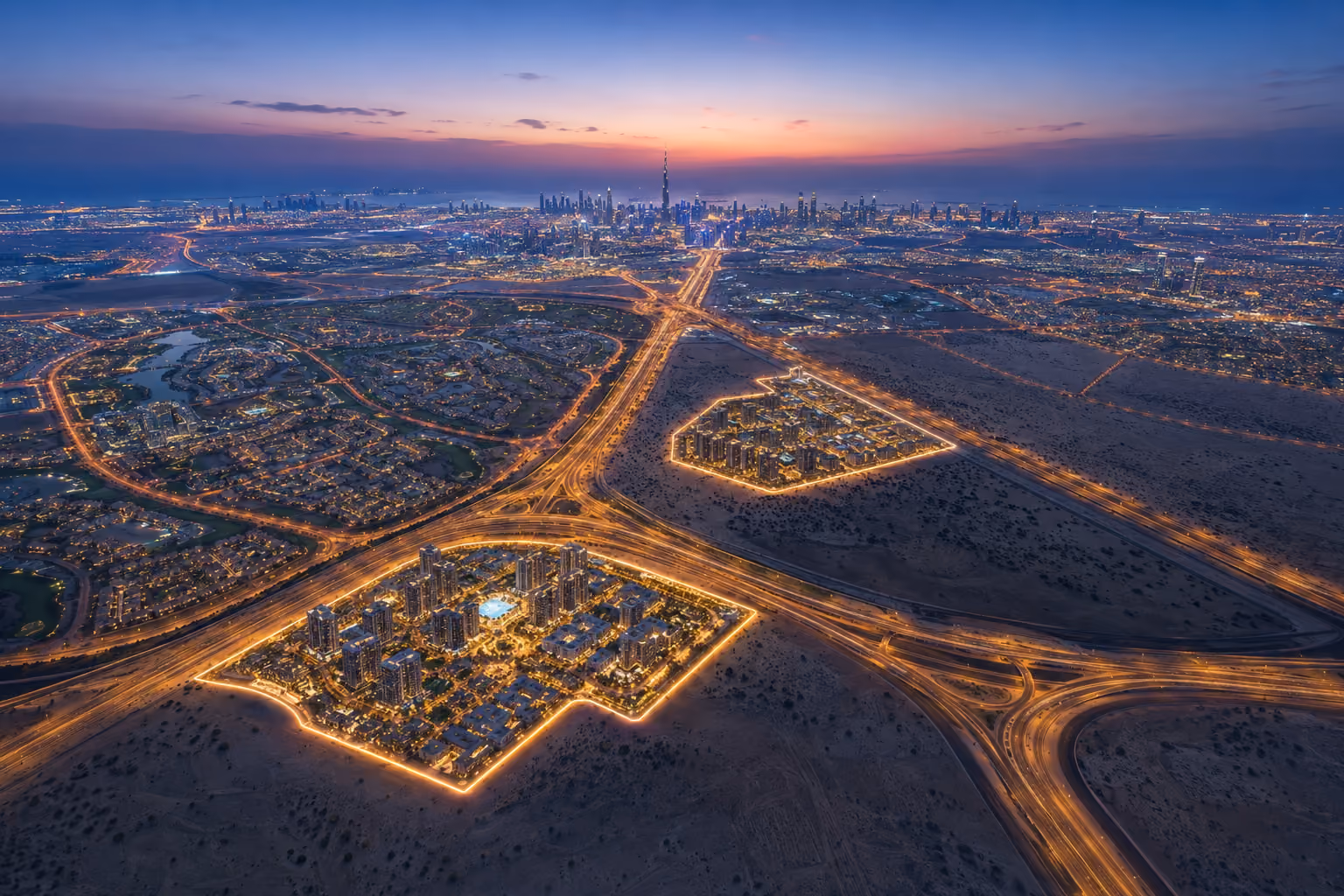 Aerial map view showing DLRC and JVC locations relative to Dubai major roads and landmarks