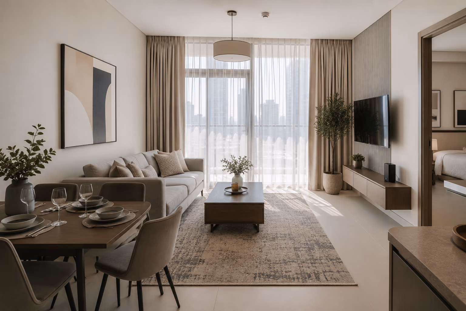 Newly furnished 1-bedroom Dubai apartment living room modern budget