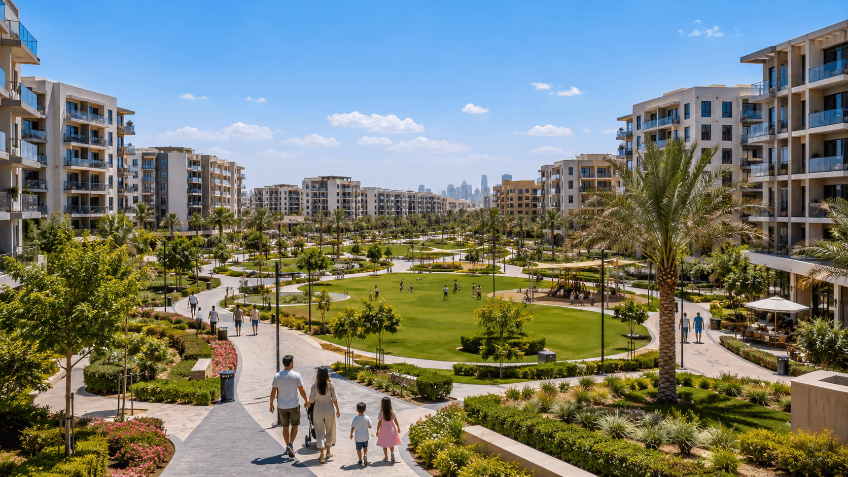 JVC community view with mid-rise apartments and central park showing family-friendly lifestyle