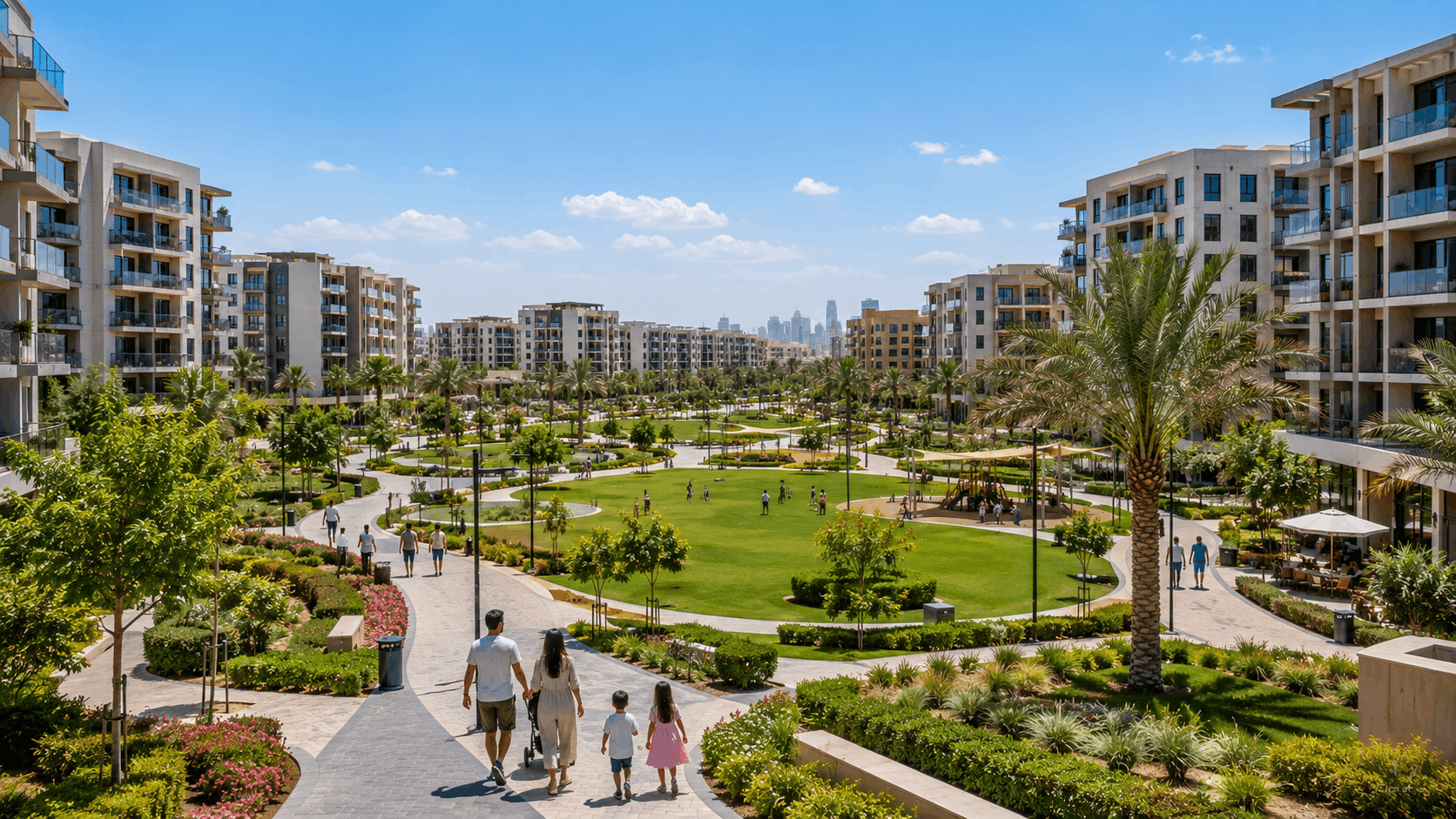JVC community view with mid-rise apartments and central park showing family-friendly lifestyle