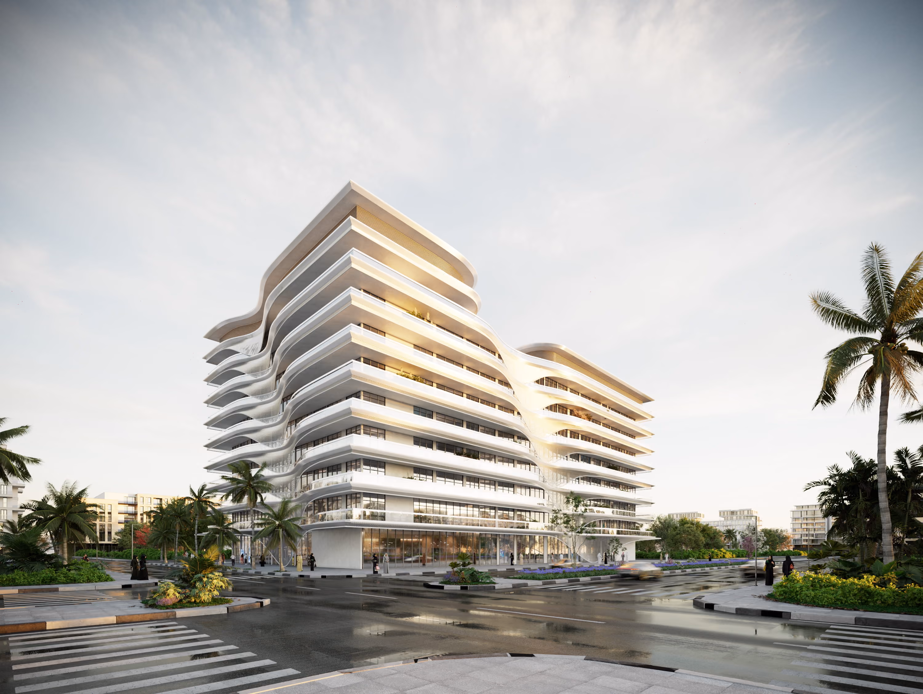 Modern residential buildings in Arjan Dubai with landscaped gardens and community amenities