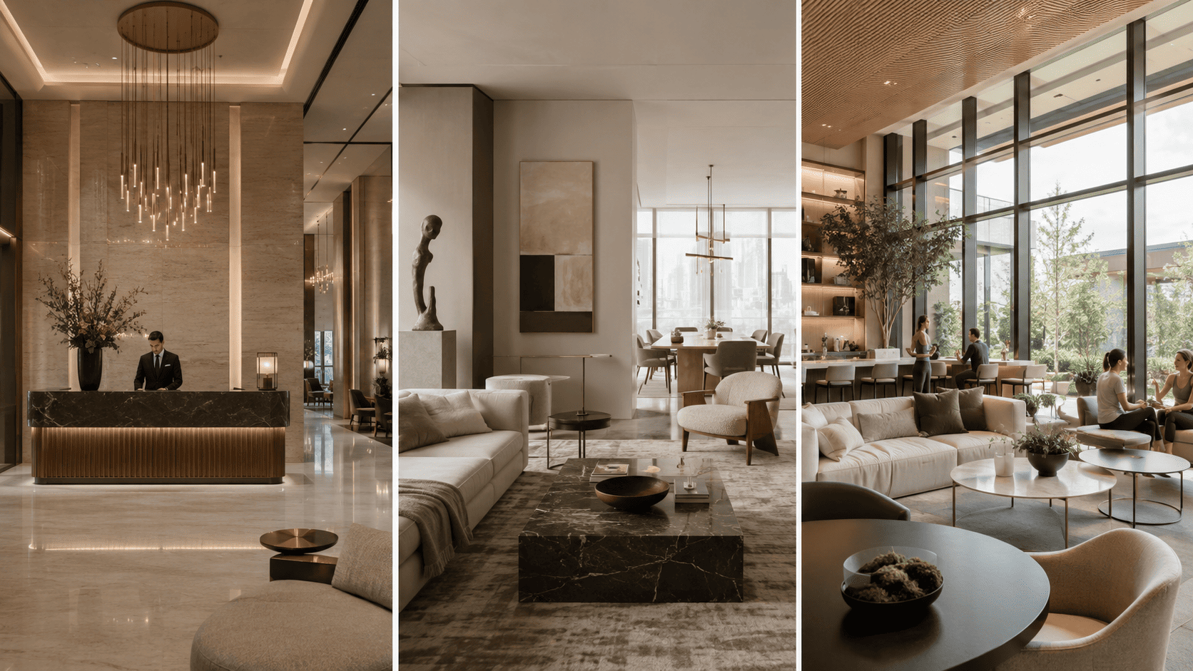 Three types of branded residences compared: hotel branded lobby, designer branded interior, lifestyle branded communal space
