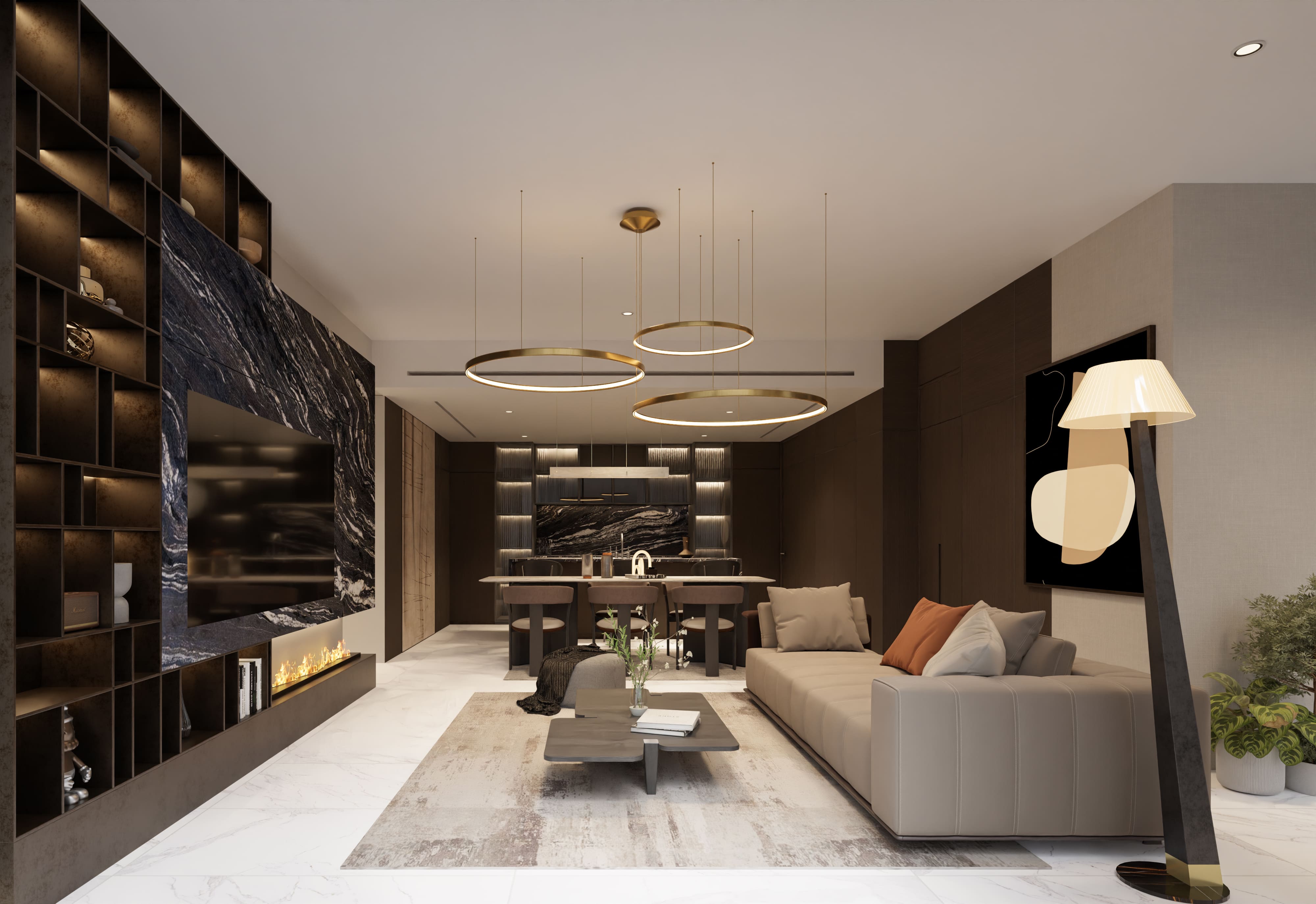 Designer branded residence interior in Dubai with bespoke furnishings, marble finishes, and panoramic city views