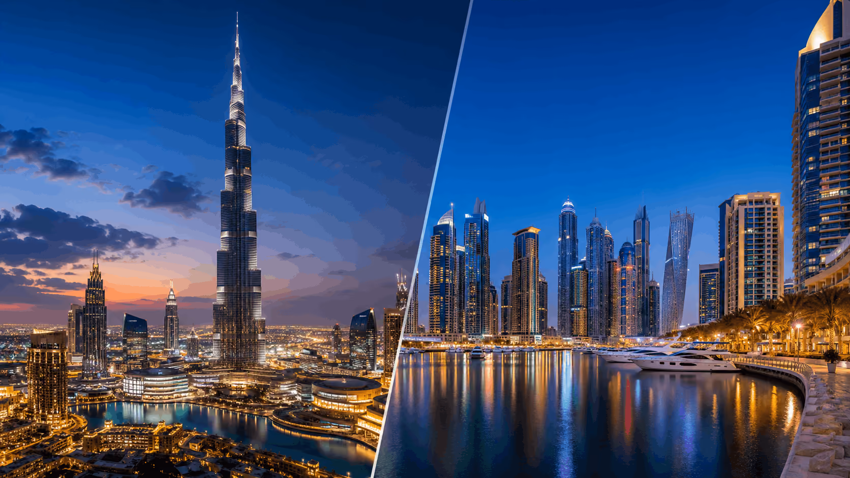 Downtown Dubai and Dubai Marina skyline at twilight showcasing luxury waterfront real estate
