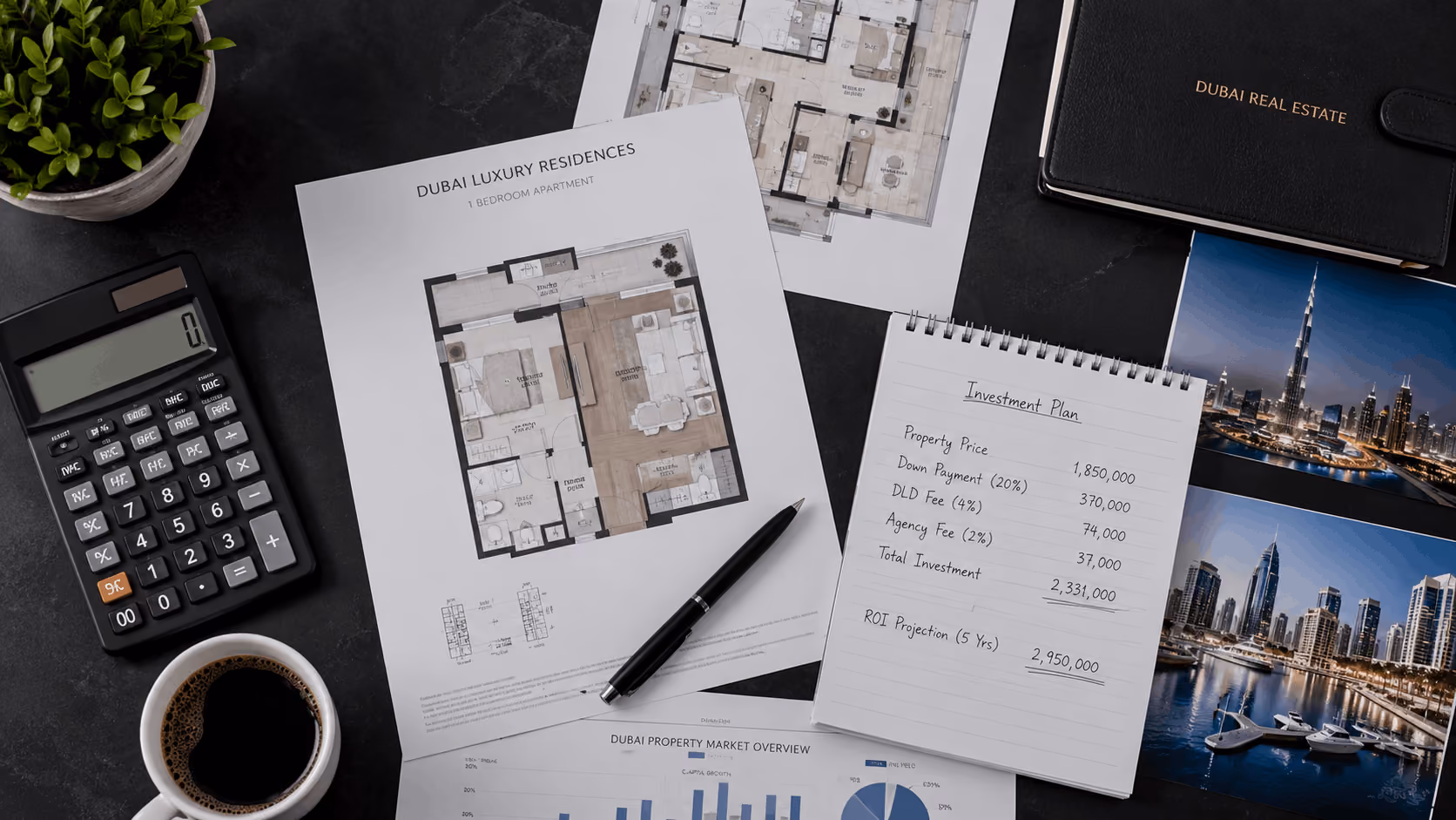 Investment planning flat lay with Dubai property floor plans and financial tools on dark desk