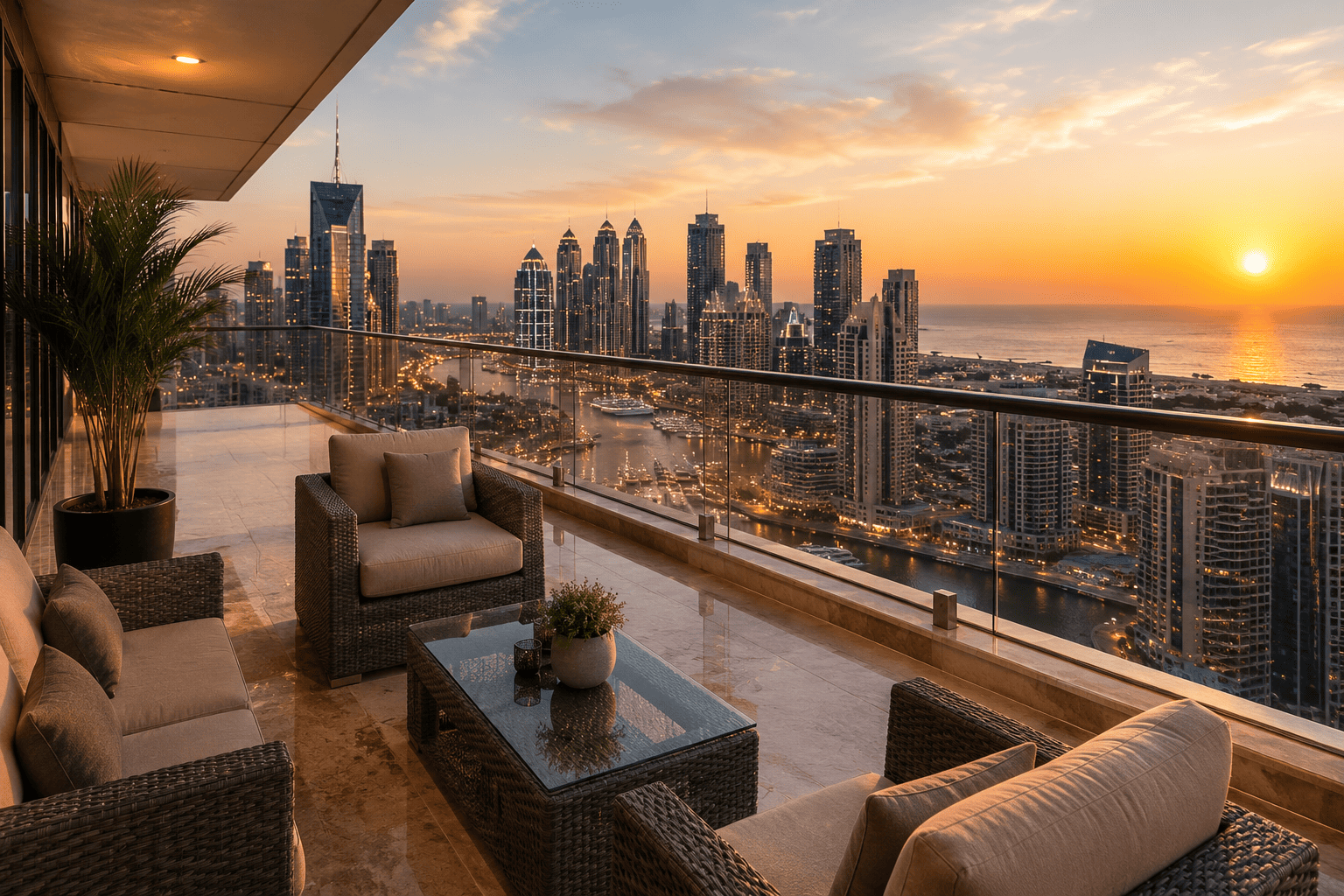 Dubai apartment balcony view of marina skyline at golden hour with modern outdoor furniture