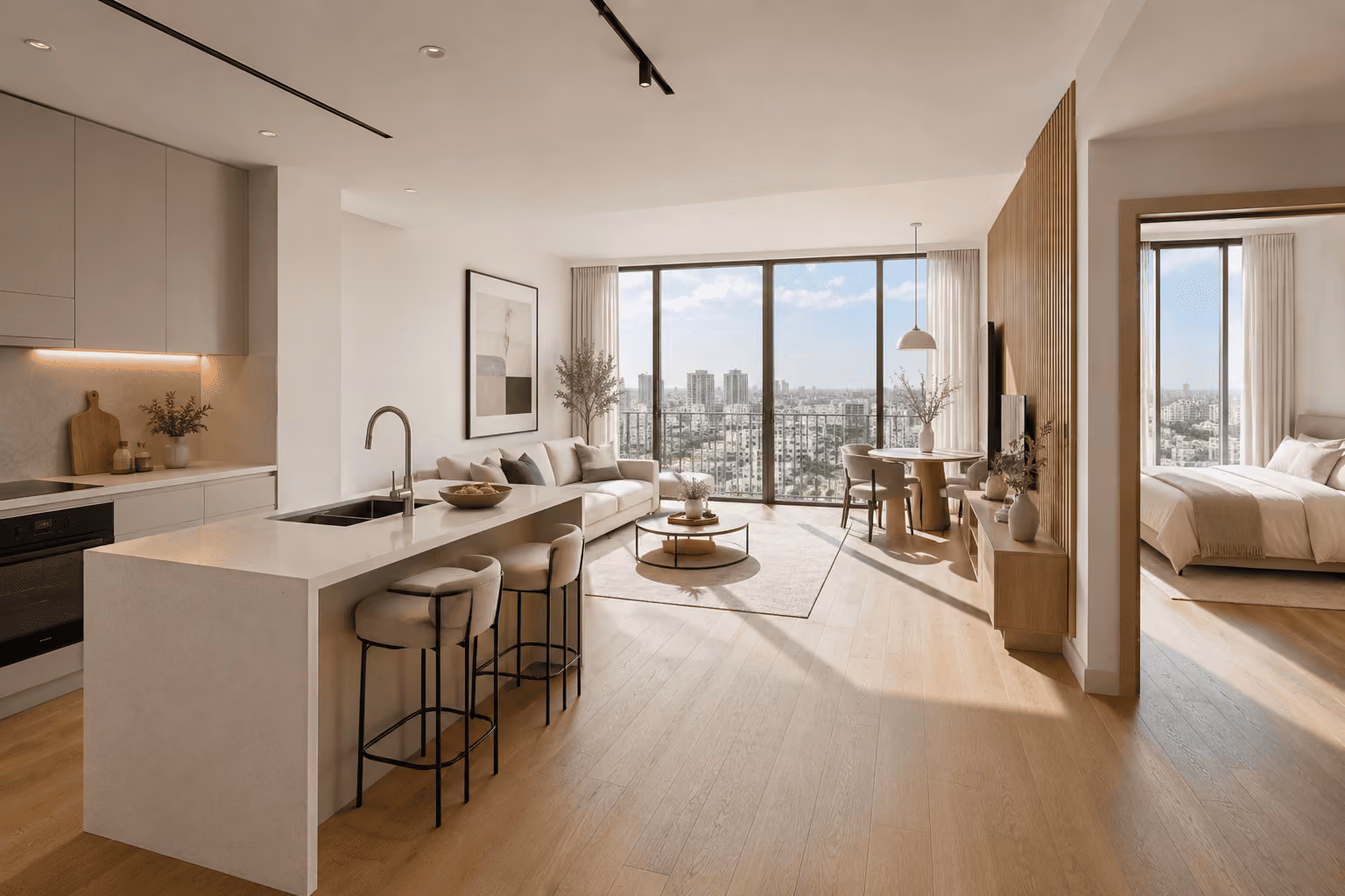 Modern one-bedroom apartment interior in DLRC Dubai with floor-to-ceiling windows and premium finishes