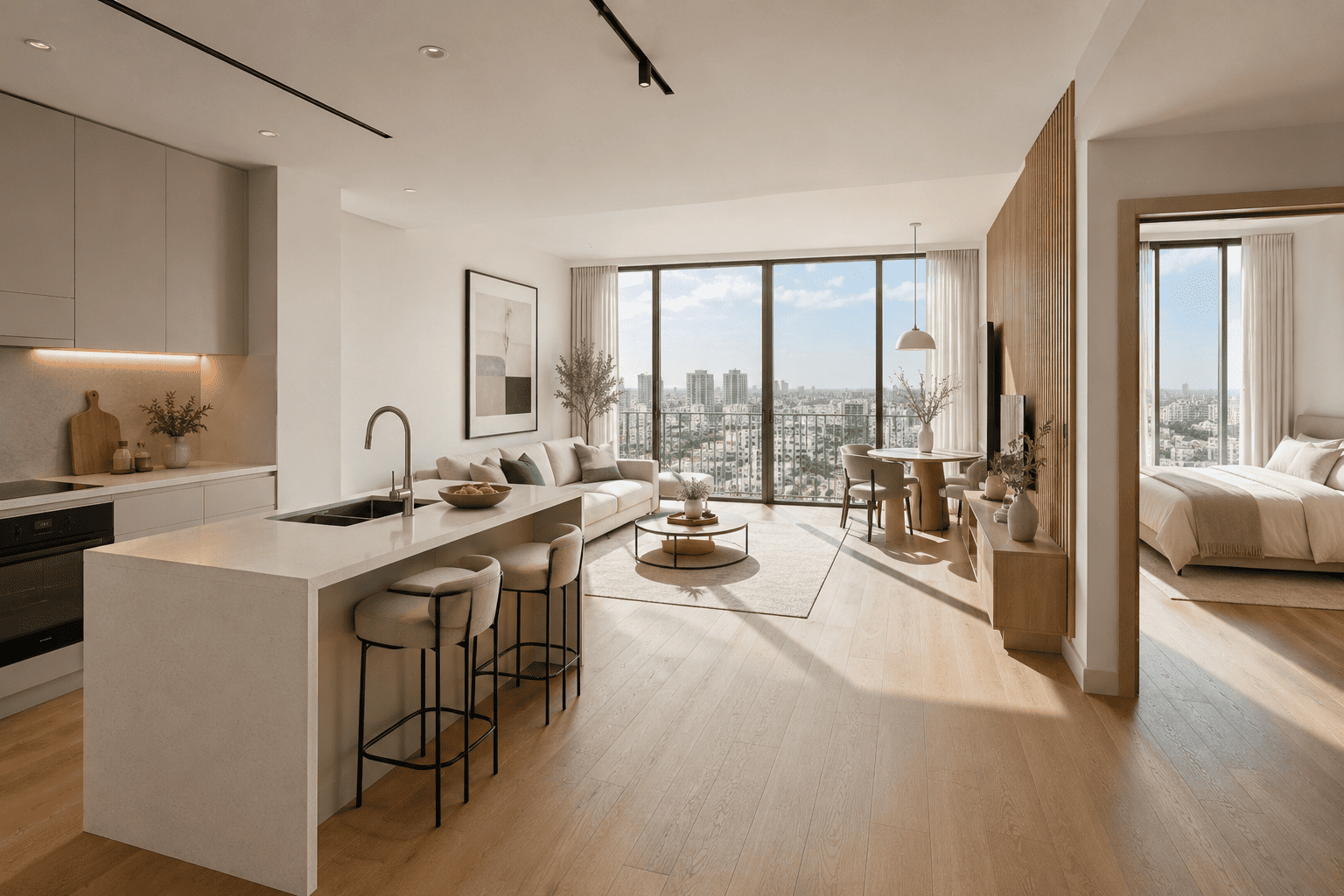 Modern one-bedroom apartment interior in DLRC Dubai with floor-to-ceiling windows and premium finishes
