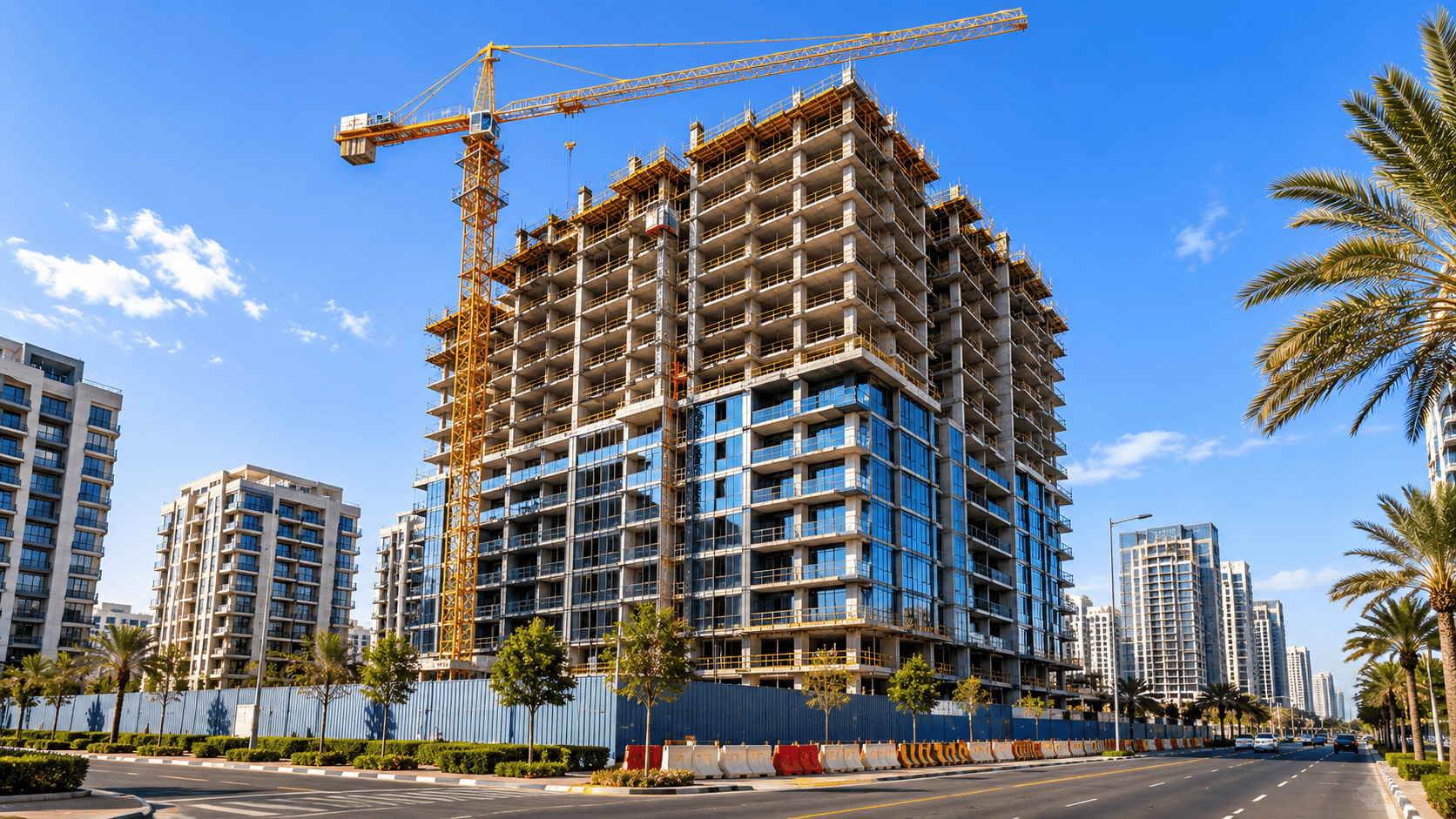 New luxury residential tower under construction in DLRC Dubai showing active development and community growth