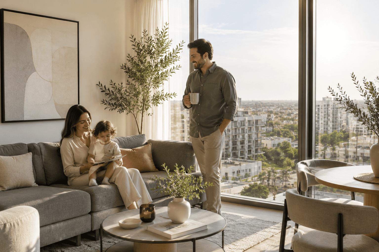 Young family enjoying modern apartment living in DLRC Dubai with views of the surrounding community