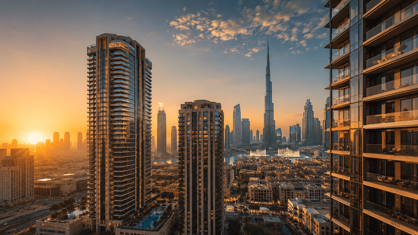 Dubai skyline with residential towers at golden hour showing the city apartment landscape
