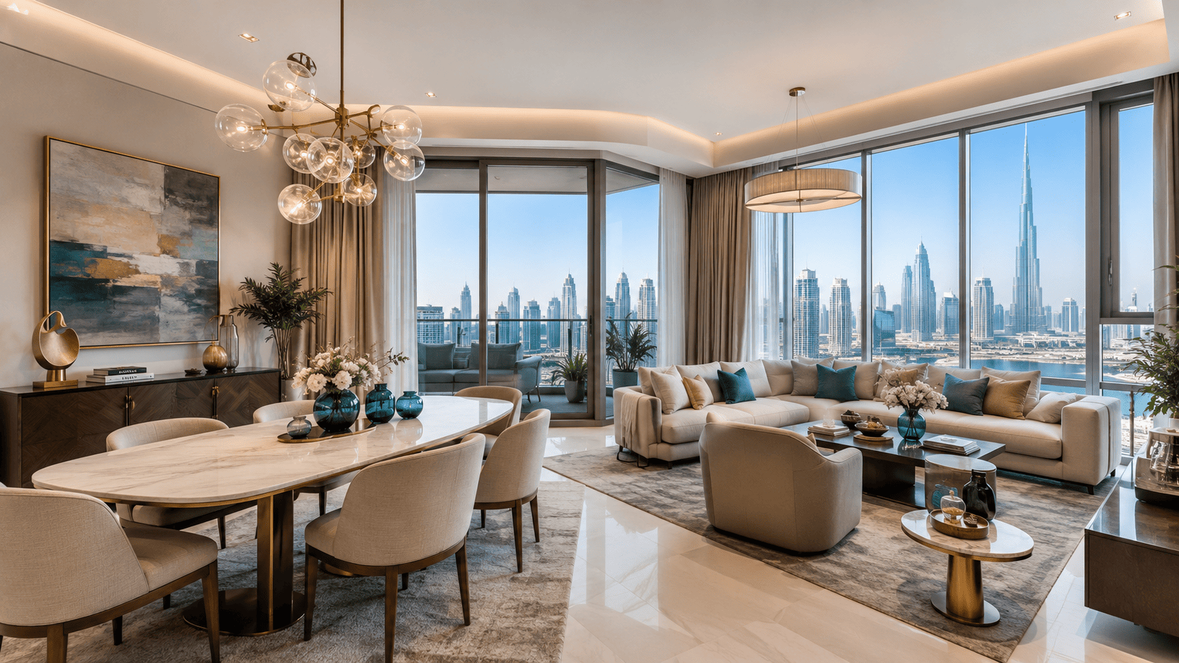 Modern apartment interior in a Dubai mid-rise building with skyline views and contemporary design