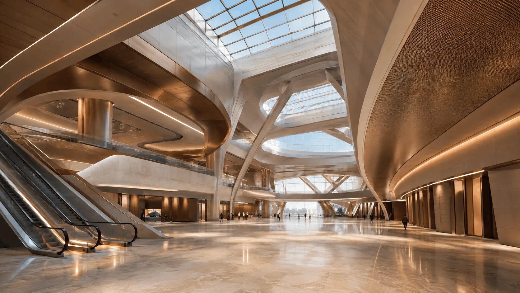 Concourse of a new Dubai Metro station with tall atrium and natural light, commuters passing through