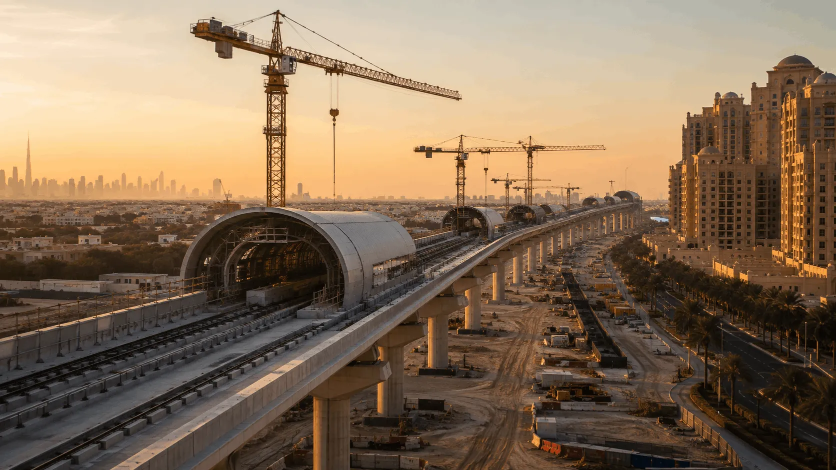 Elevated Dubai Metro Blue Line viaduct under construction at sunset with residential towers in the background