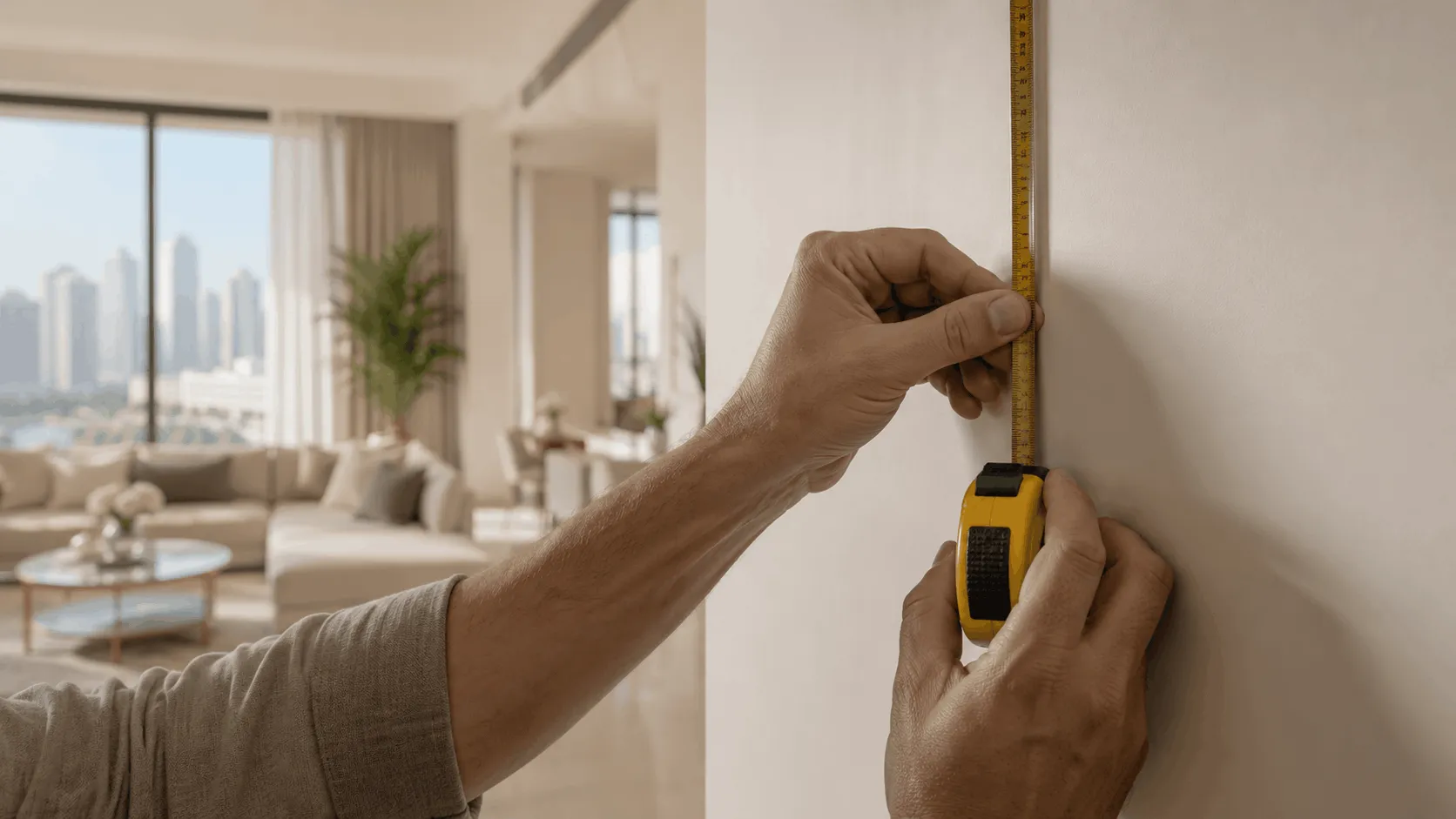 Measuring an apartment wall with a tape measure inside a bright Dubai residence