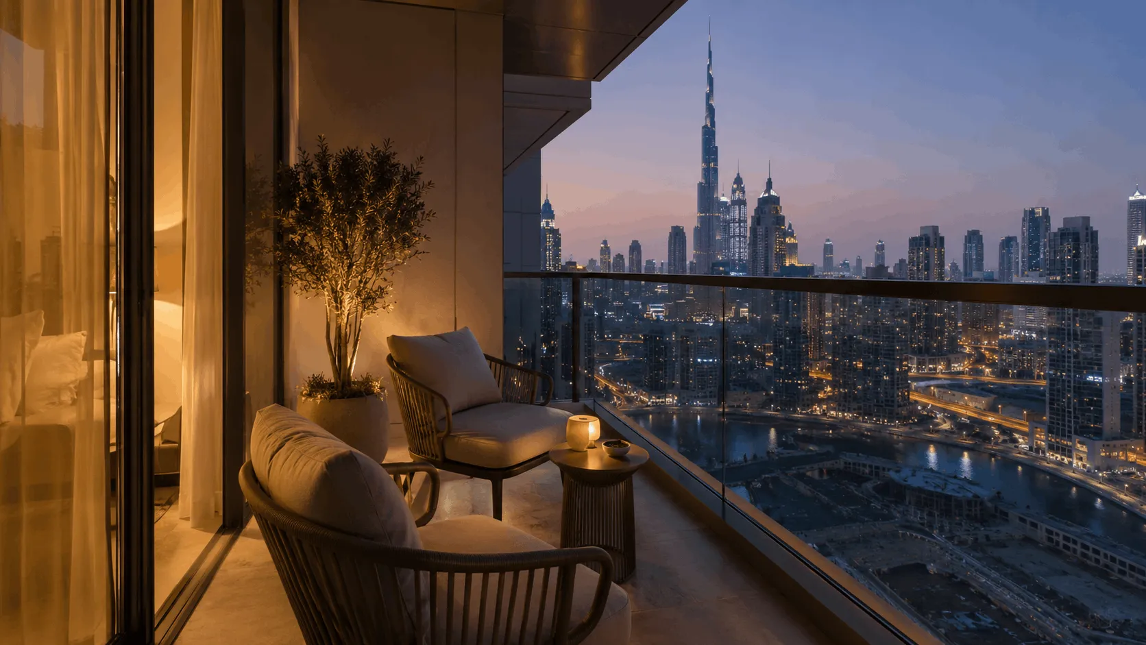 Private balcony of a Dubai apartment at twilight, the outdoor space counted within built-up area