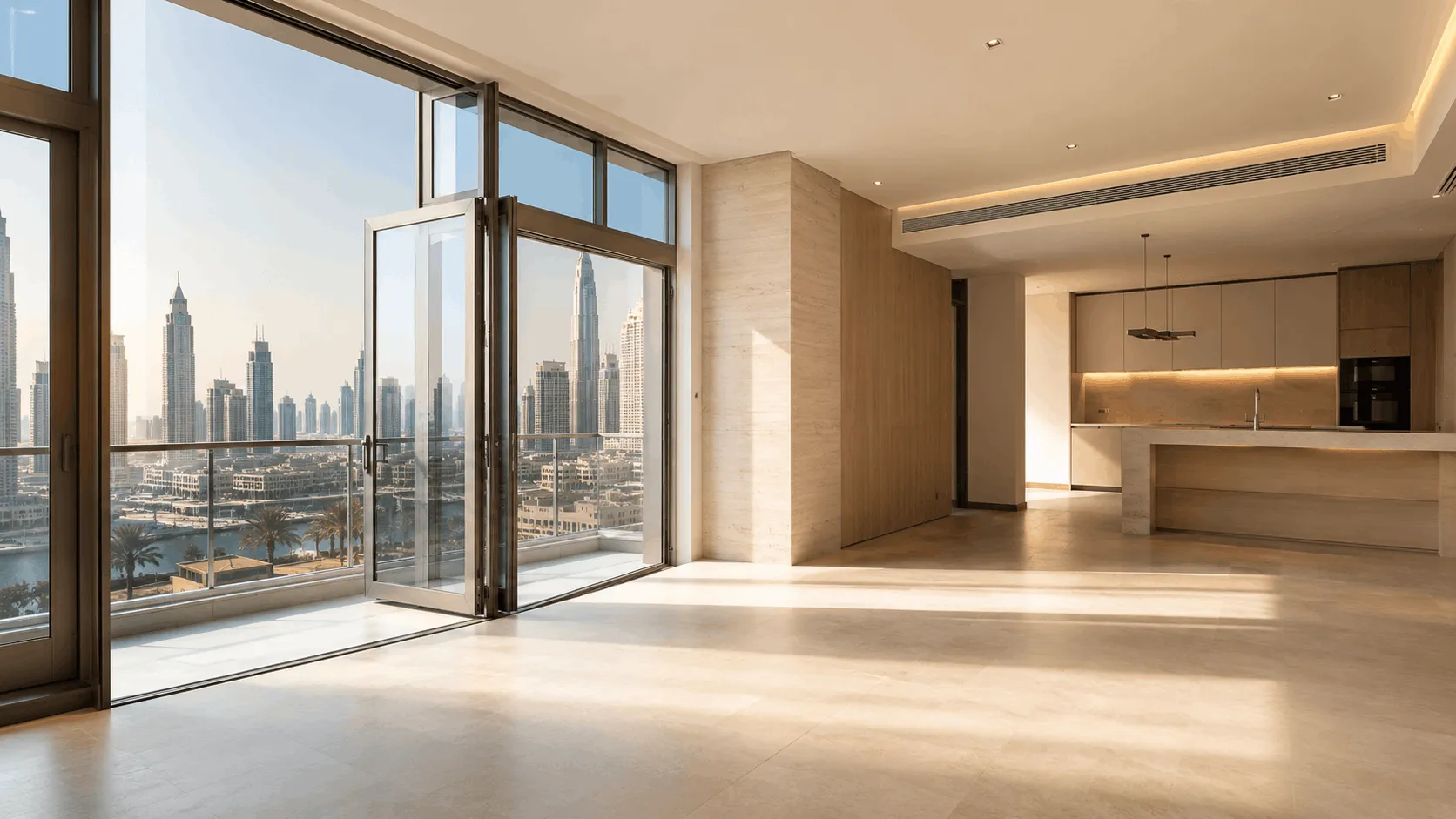 Empty modern Dubai apartment interior with open balcony door showing indoor and outdoor space