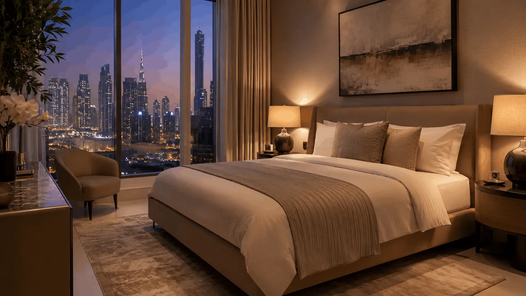 Second bedroom of a Dubai 2 BHK apartment at dusk with warm lighting
