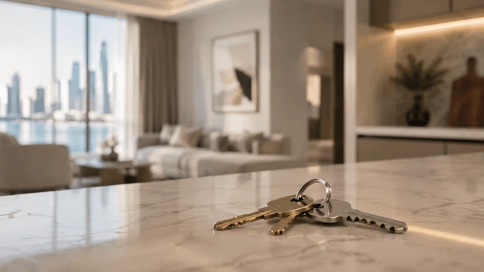 New apartment keys on a kitchen counter at handover of a Dubai 2 BHK